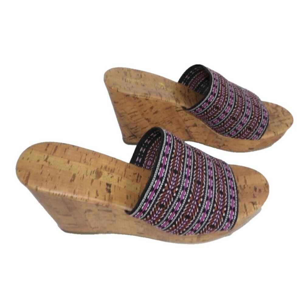 MONTEGO BAY CLUB black & pink high heel wedge slip on sandals women's size 7.5 - Picture 4 of 8